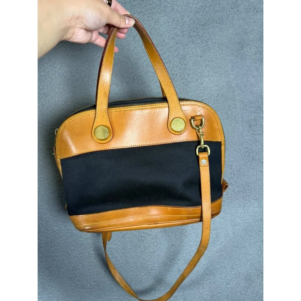 Dooney & Bourke Vintage Canvas Leather Satchel Crossbody Bag Black Tan USA‎ Made